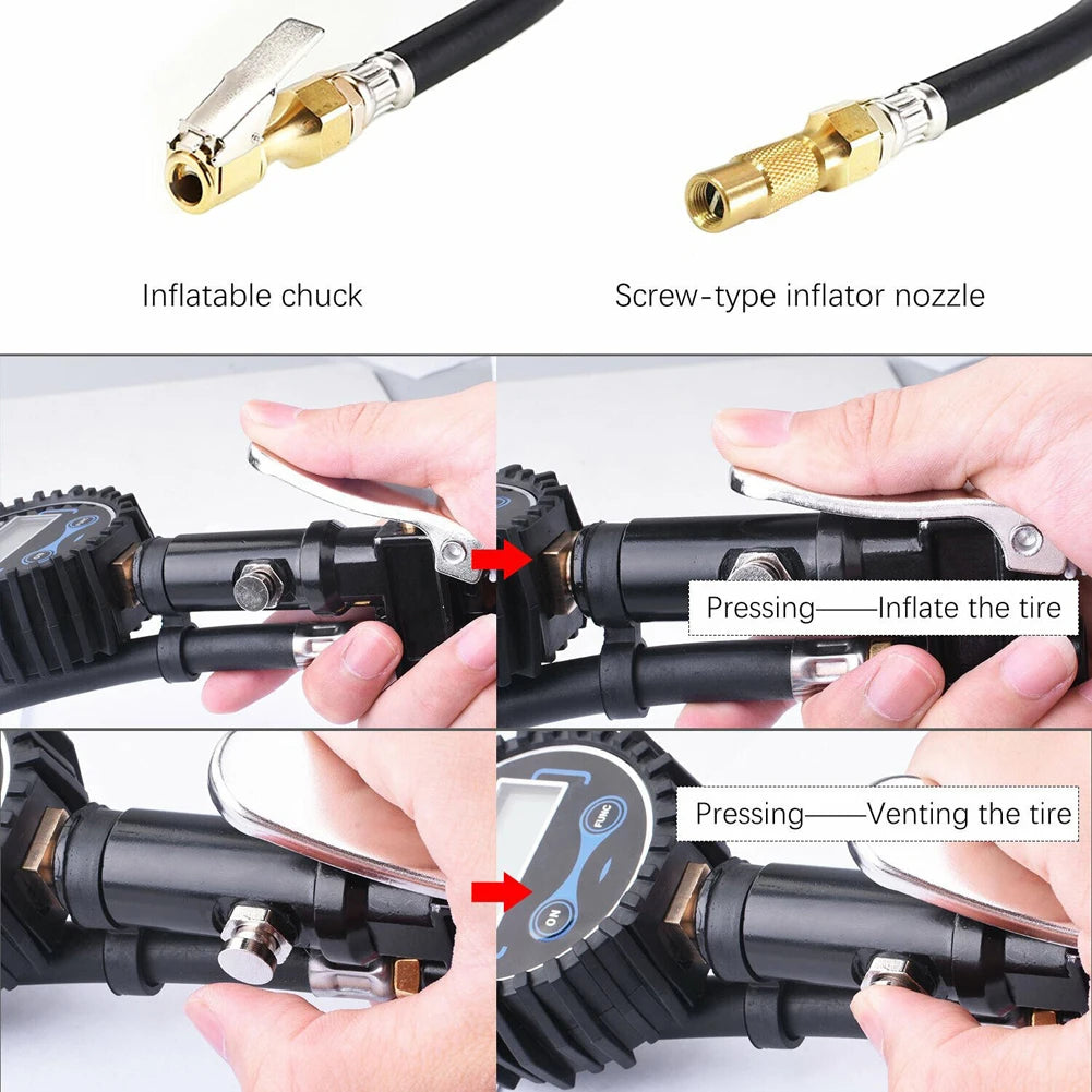 Digital Tire Pressure Inflator Gauge Aluminum Alloy Tire Pressure Gauge Air Line Clip-on Tyre Pump for Motorcycle Bicycle Auto