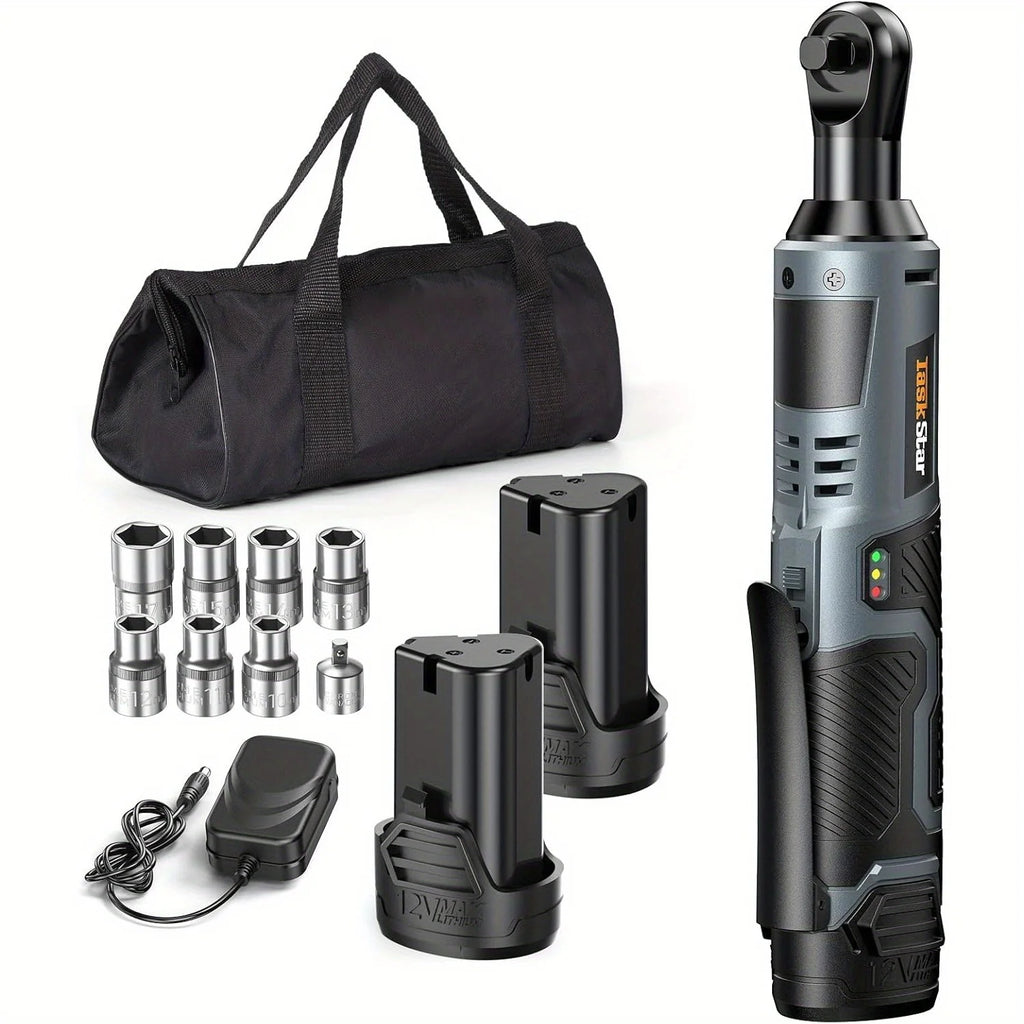 3/8" Driver Cordless Ratchet Wrench with 1/4" Adapter&7 Sockets&2 2.0Ah Batteries 12V Car Dismantling Tool Electric Wrench Kit