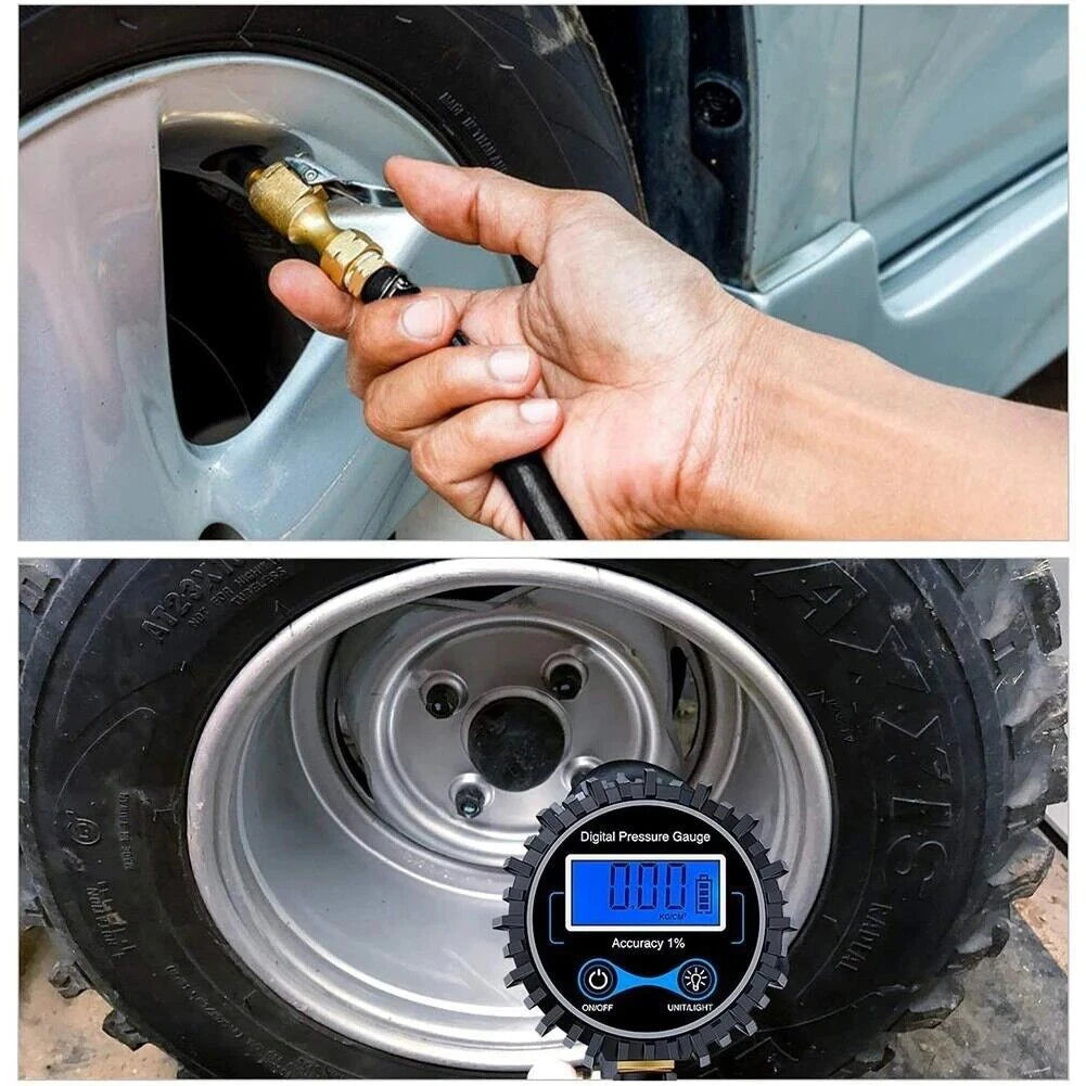 Digital Tire Pressure Inflator Gauge Aluminum Alloy Tire Pressure Gauge Air Line Clip-on Tyre Pump for Motorcycle Bicycle Auto