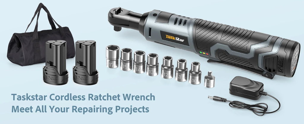 3/8" Driver Cordless Ratchet Wrench with 1/4" Adapter&7 Sockets&2 2.0Ah Batteries 12V Car Dismantling Tool Electric Wrench Kit