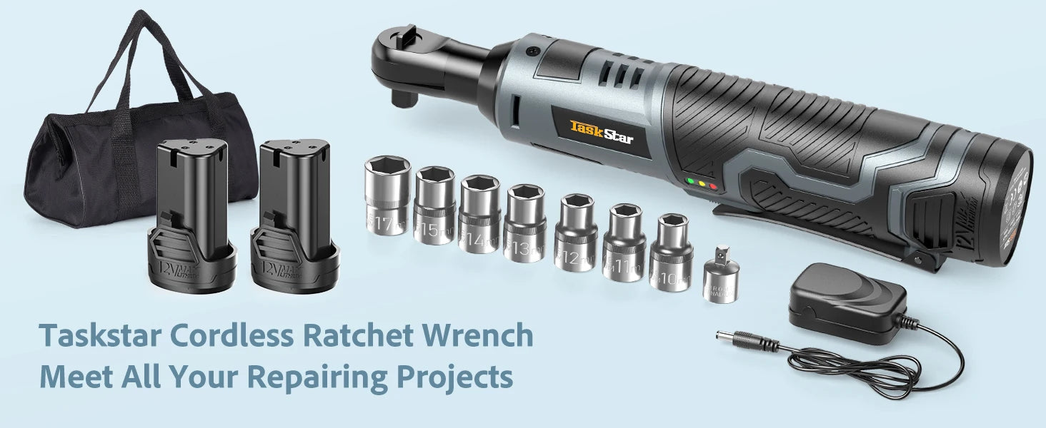 3/8" Driver Cordless Ratchet Wrench with 1/4" Adapter&7 Sockets&2 2.0Ah Batteries 12V Car Dismantling Tool Electric Wrench Kit