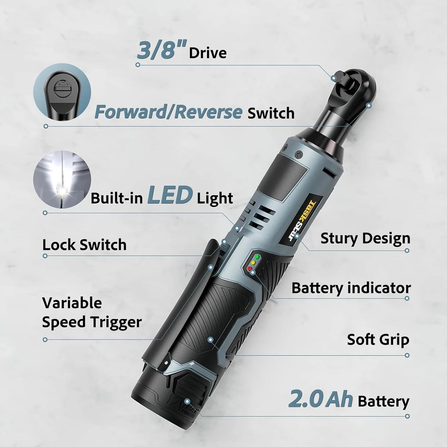 3/8" Driver Cordless Ratchet Wrench with 1/4" Adapter&7 Sockets&2 2.0Ah Batteries 12V Car Dismantling Tool Electric Wrench Kit